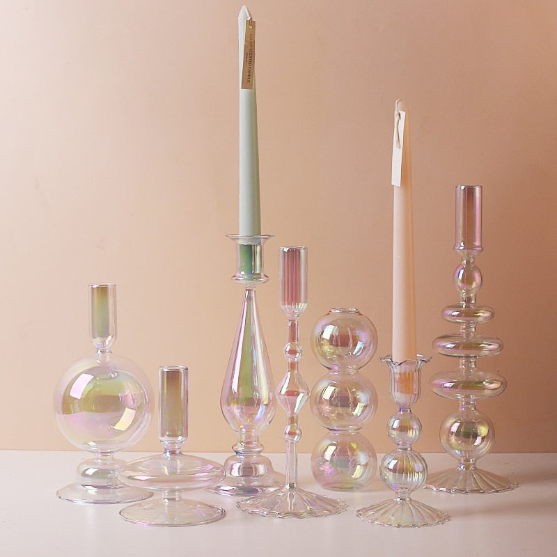 Clear Rainbow Iridescent Blown Glass Candle Holder - Image 5