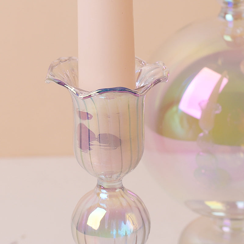Clear Rainbow Iridescent Blown Glass Candle Holder - Image 3