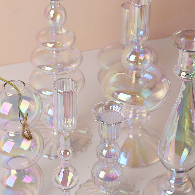 Clear Rainbow Iridescent Blown Glass Candle Holder - Image 4